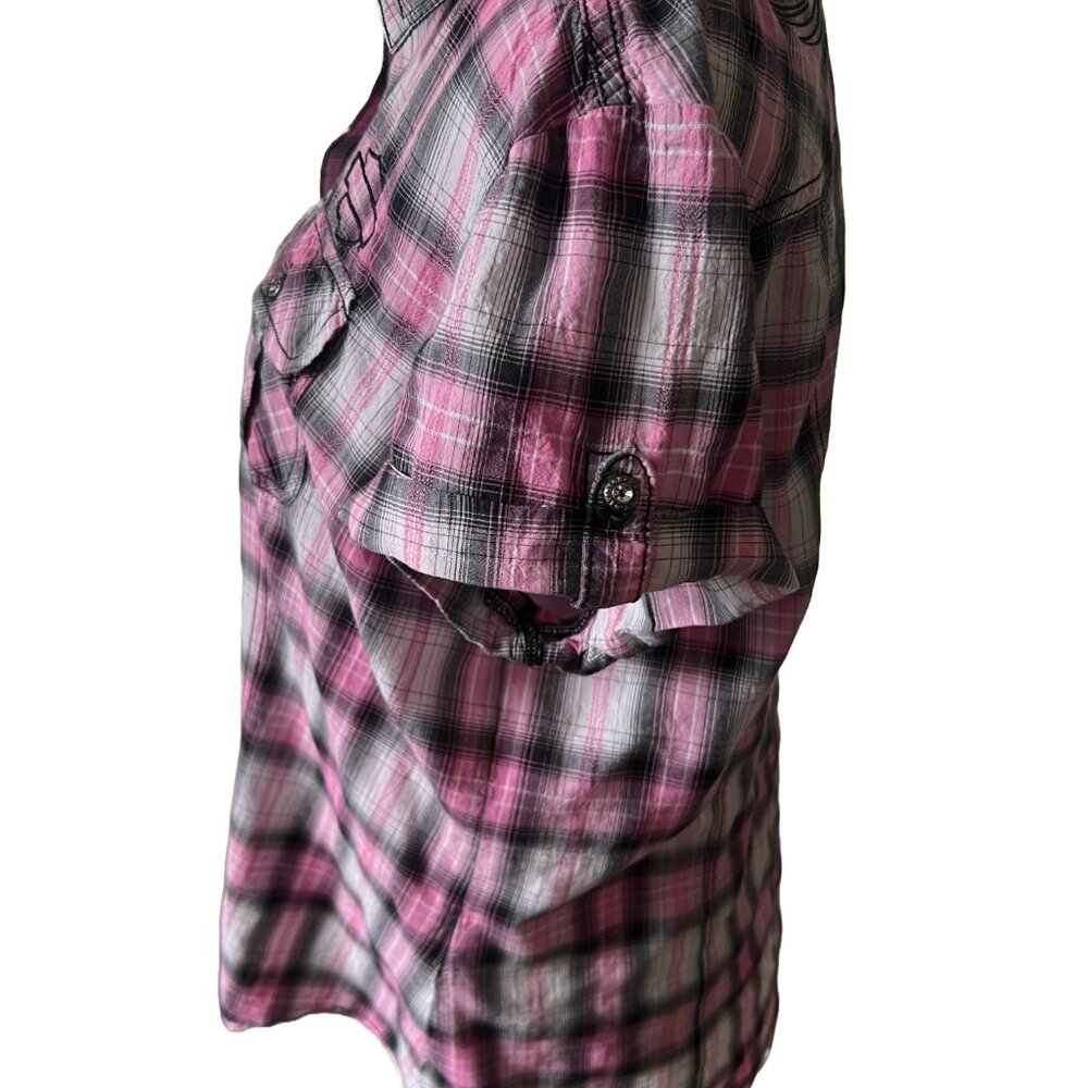 HARLEY DAVIDSON Women's Large Button Down Tab Sleeve Pink Plaid Shirt - Picture 3 of 9